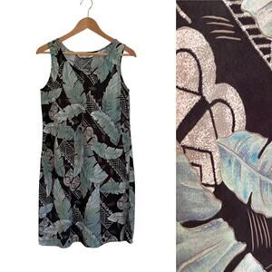 Vintage Tori Richard Banana Aqua Green Banana Leaf Print Knee Length Dress Med